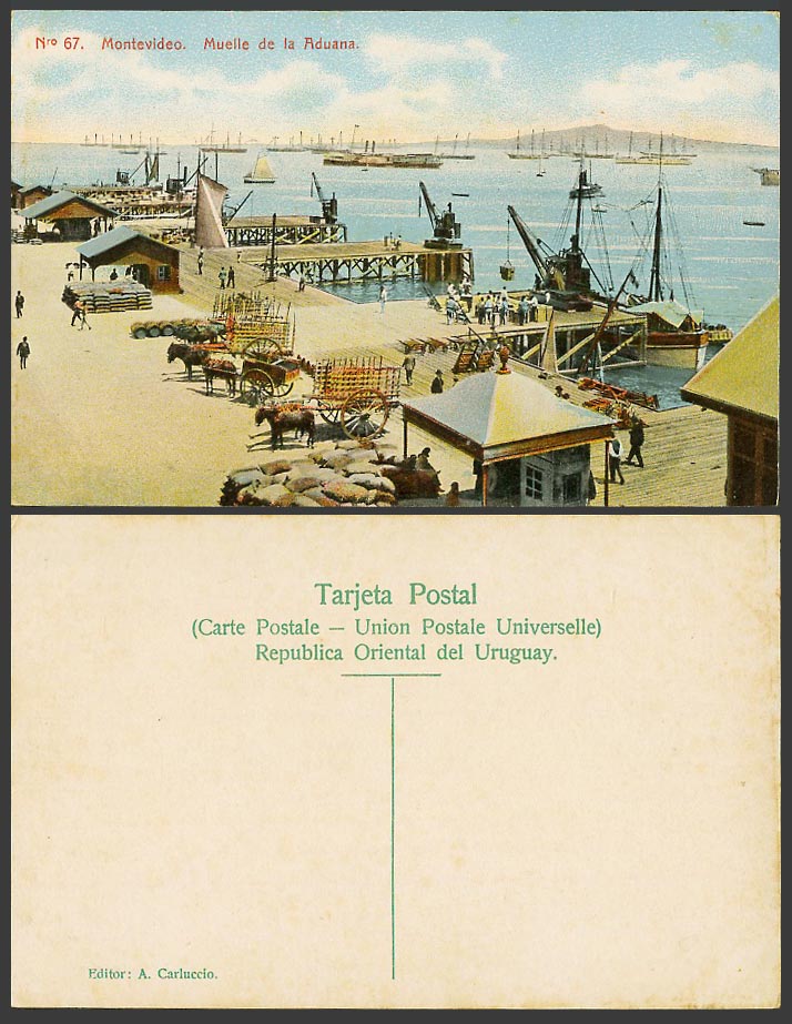 Uruguay Old Postcard Montevideo Muelle de la Aduana Customs Dock Ship Boats Cart