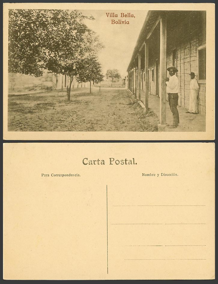 Bolivia Old Postcard Villa Bella, Native Men and Houses, Street Scene with Trees