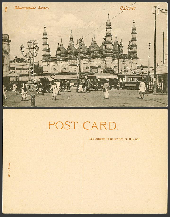 India Old Postcard Calcutta Dharmatala Dhuramtollah Corner TRAM and Street Scene