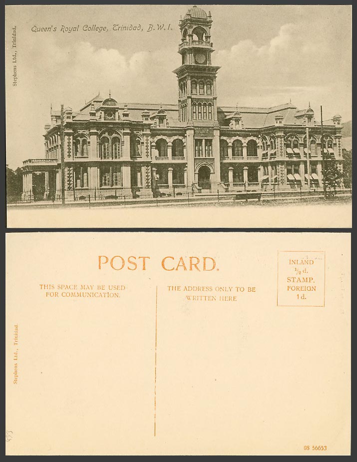 Trinidad Old Postcard Queen's Royal College School Clock Tower B.W.I West Indies