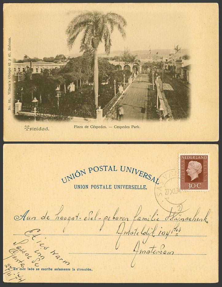 Trinidad Old UB Postcard Plaza de Céspedes Cespedes Park, Palm Tree Street Scene