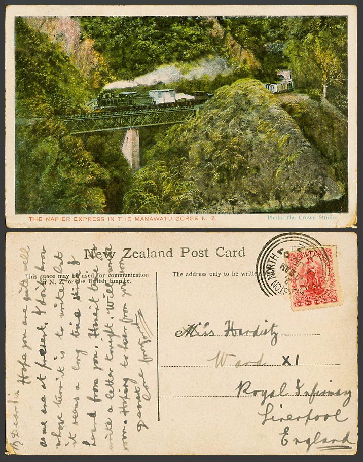 New Zealand 1907 Old Postcard Napier Express in Manawatu Gorge, Locomotive Train