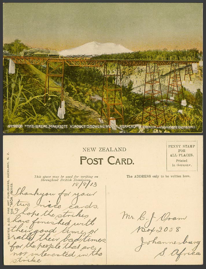 New Zealand 1913 Old Postcard Great Makatote Viaduct Mt Ruapehu Locomotive Train