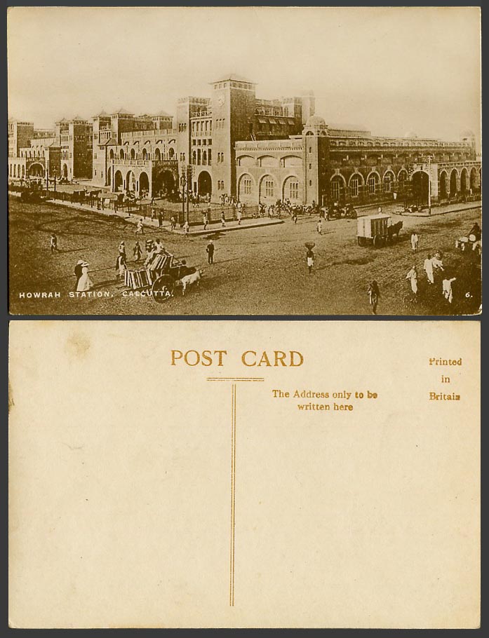 India Old Real Photo Postcard Howrah Train Railway Station Calcutta Street Scene