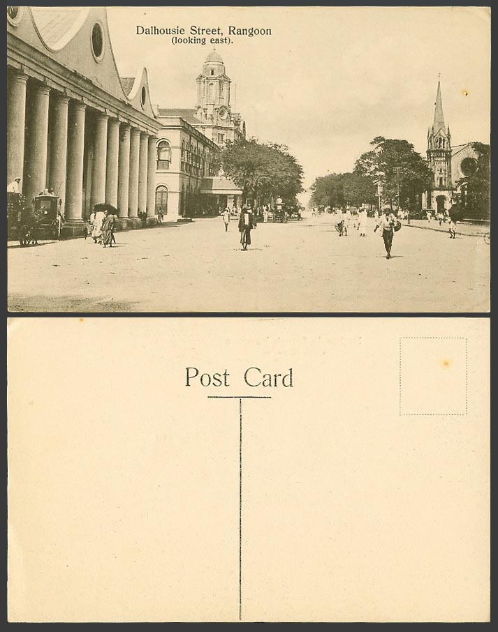 Burma Old Postcard Rangoon Dalhousie Street Scene Looking East, Church Cathedral