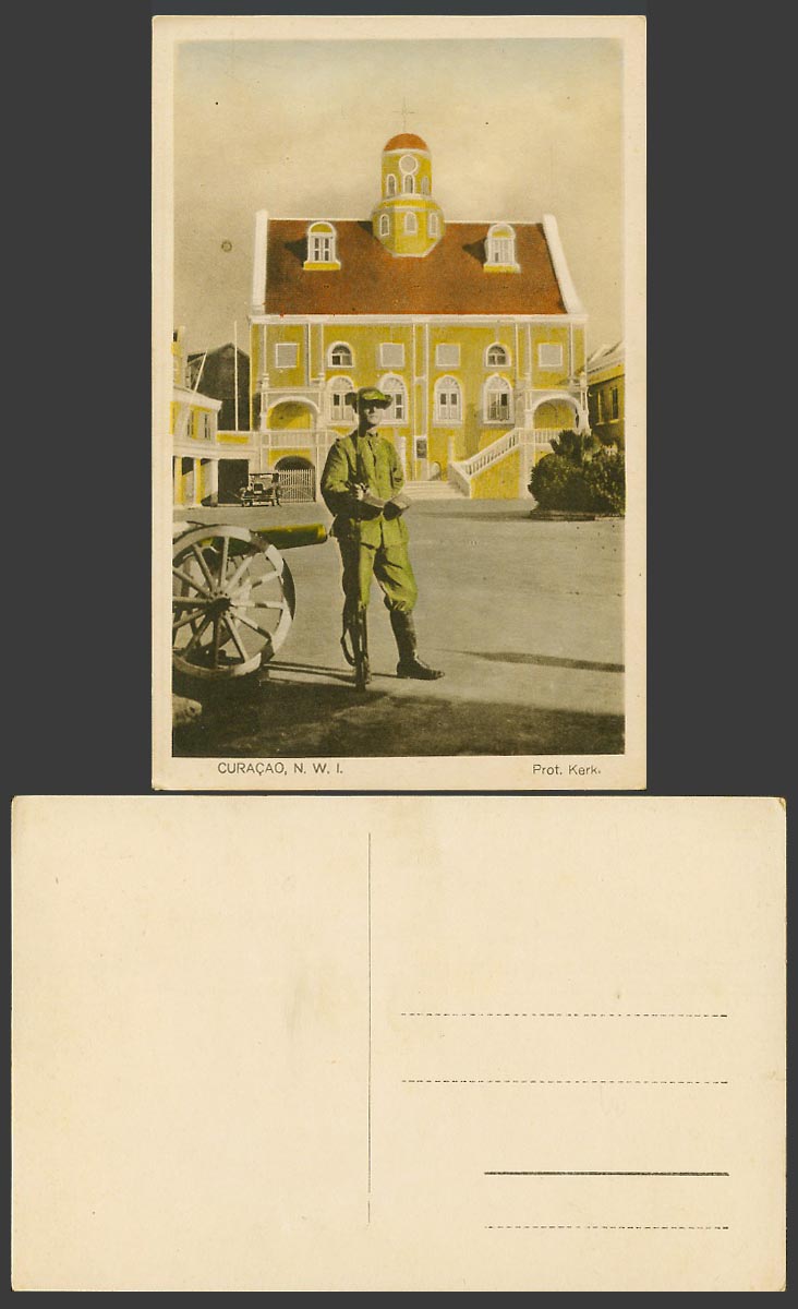 Curacao DWI Old Colour Postcard Prot. Kerk. Protestant Church, Man Soldier Guard