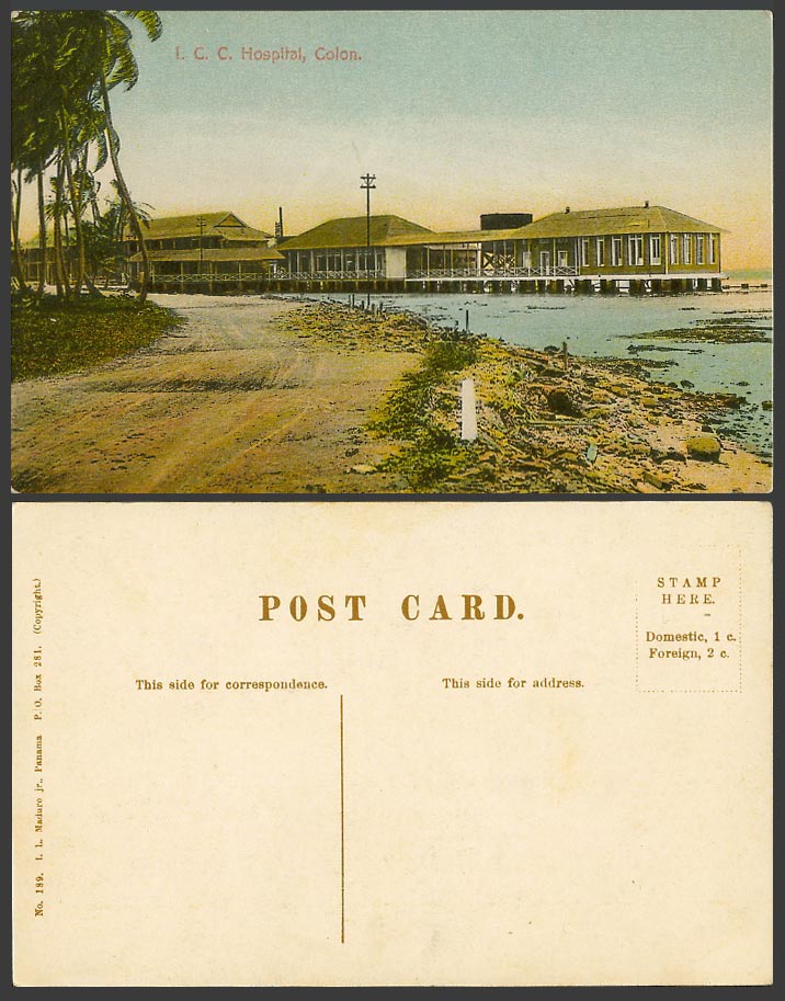 Panama Old Colour Postcard I.C.C. Hospital, Colon Colón, Street Scene Palm Trees