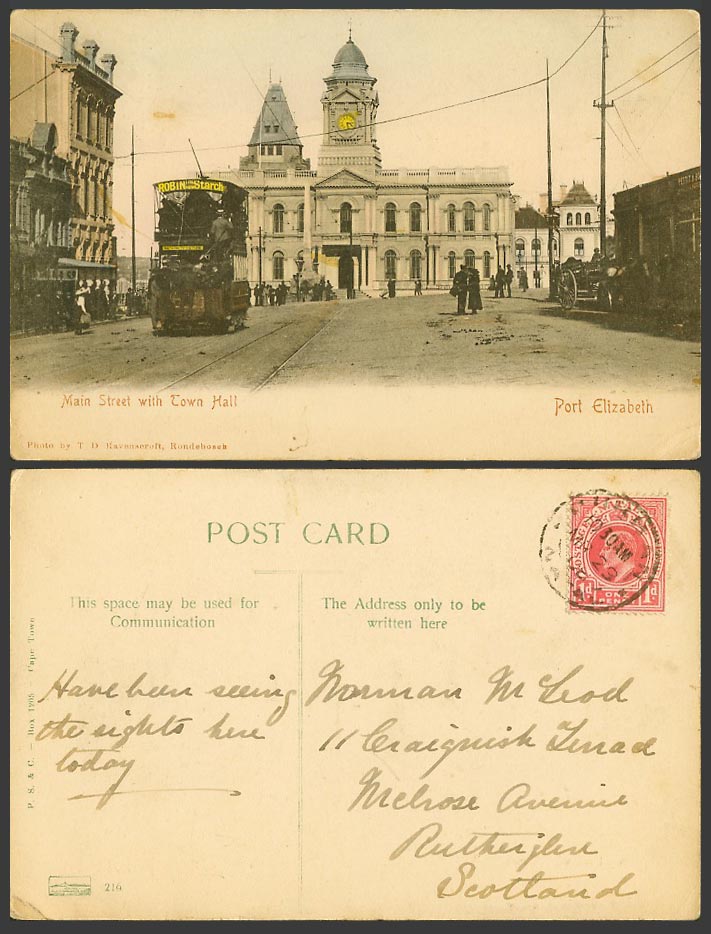 South Africa KE7 1d 1908 Old Postcard Port Elizabeth, Main Street Town Hall TRAM