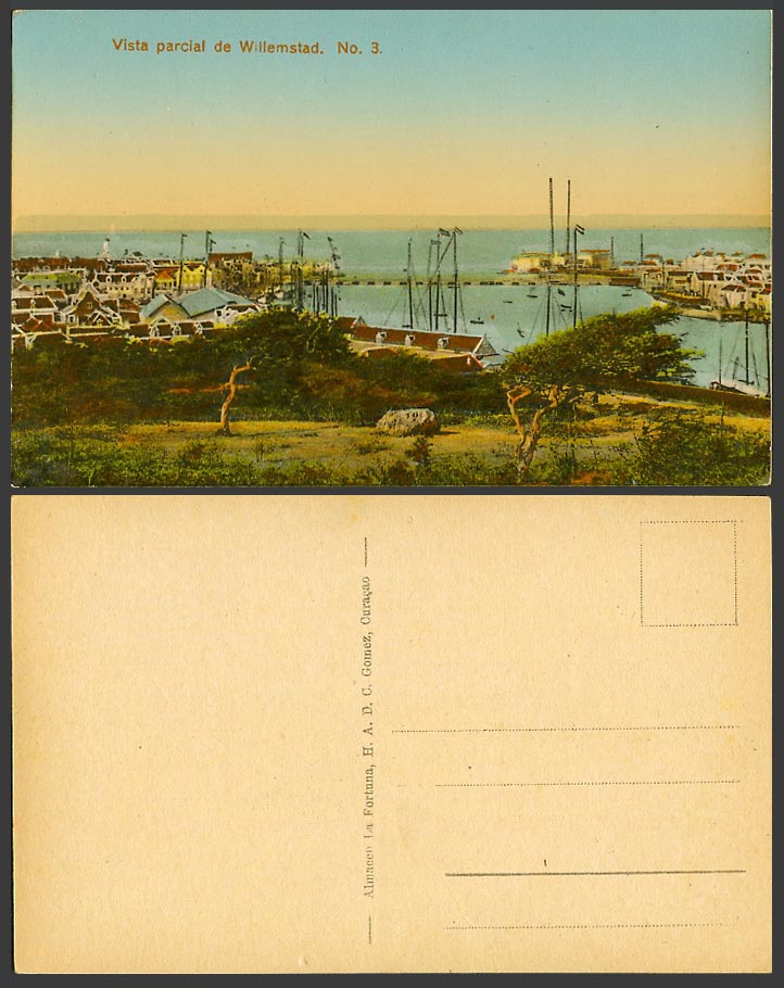 Curacao Old Postcard Willemstad Vista Parcial Partial View, Harbour Bridge Boats