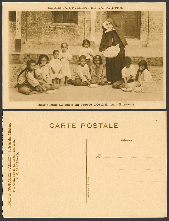 Burma Birmanie Old Postcard Distribute Rice to Orphans St-Joseph de l'Apparition