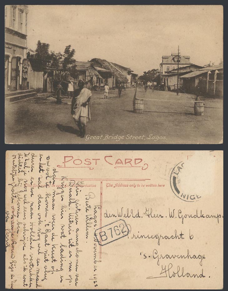 Nigeria 1922 Old Postcard Lagos, Great Bridge Street Scene, Barrels, Water Pump