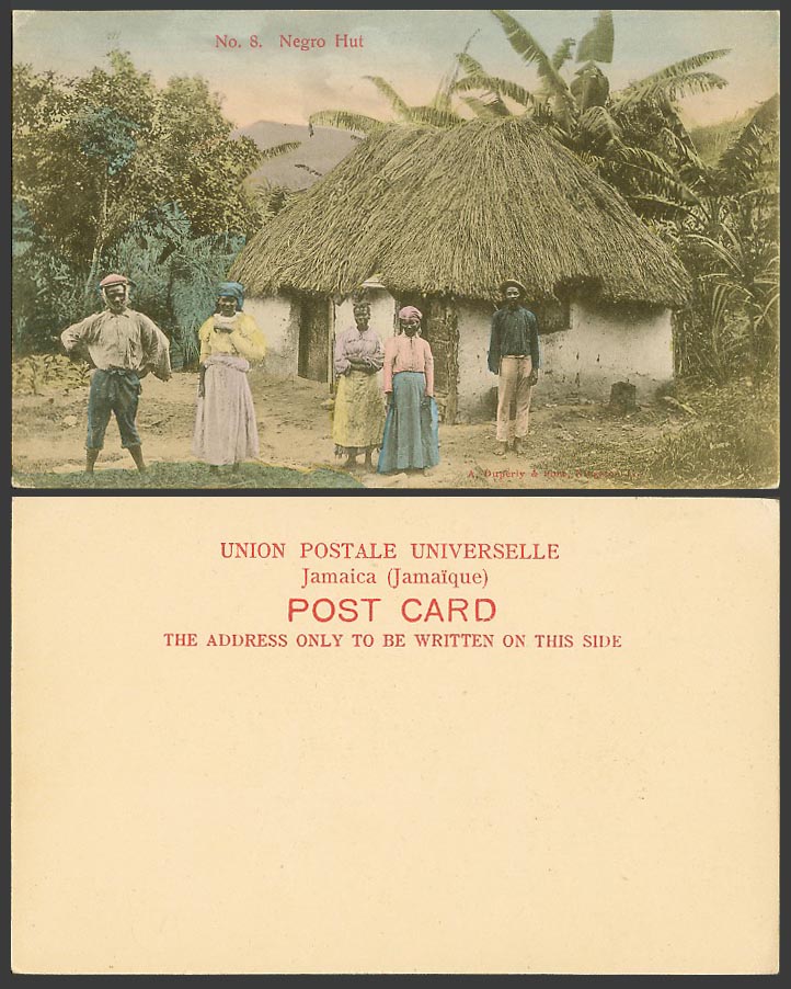 Jamaica Old Hand Tinted Postcard Negro Hut, Native House, Black Men Women B.W.I.