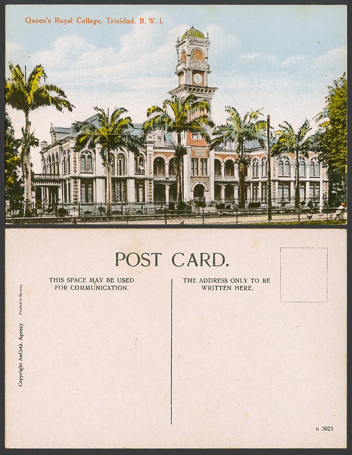 Trinidad Old Colour Postcard Queen's Royal College, Clock Tower Street Scene BWI