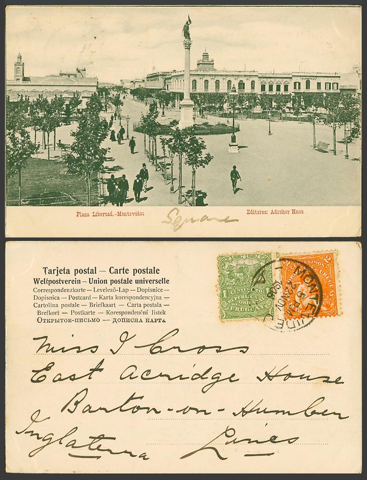 Uruguay 1c 2c 1908 Old UB Postcard Montevideo Plaza Libertad Square Street Scene