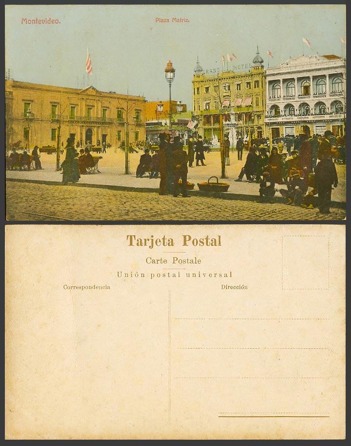 Uruguay Old Colour Postcard Montevideo, Plaza Matriz, Grand Hotel, Street Scene