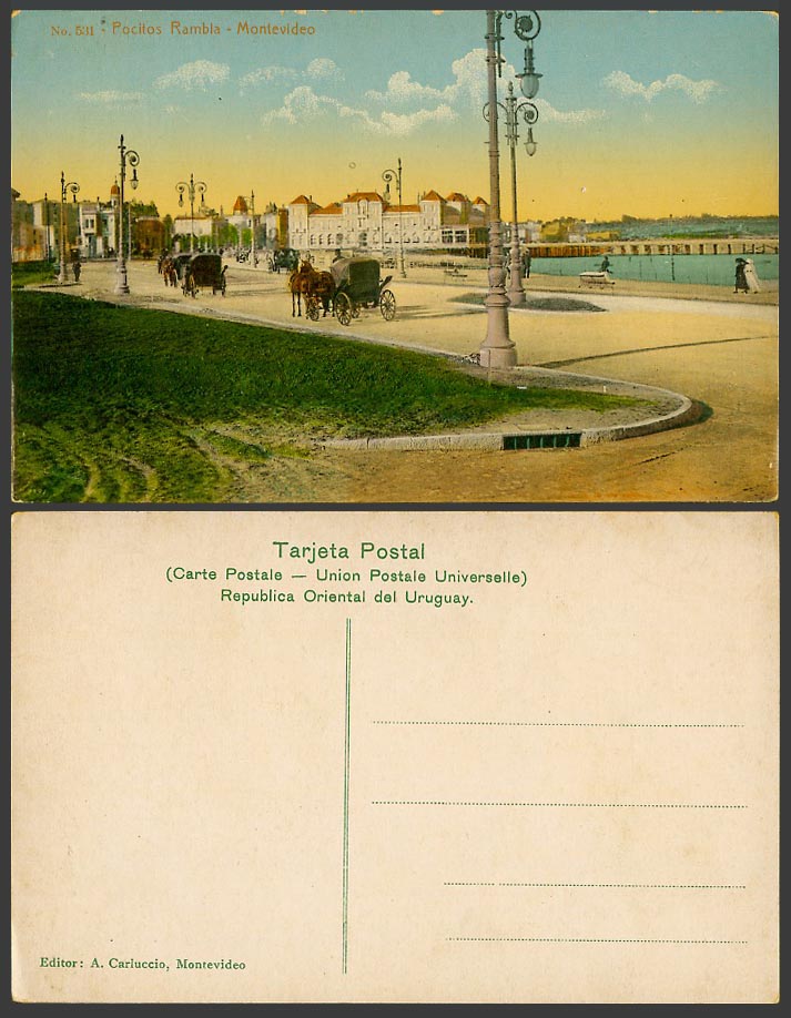 Uruguay Old Colour Postcard Montevideo, Pocitos Rambla, Street Scene Horse Carts