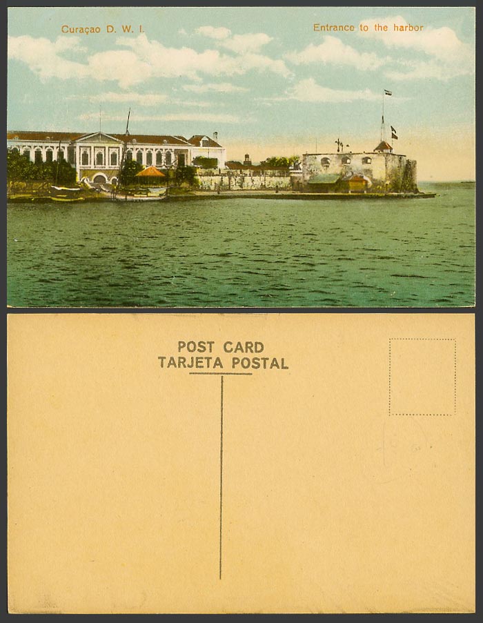 Curacao D.W.I. Old Colour Postcard Entrance to the Harbor Harbour Boats Panorama