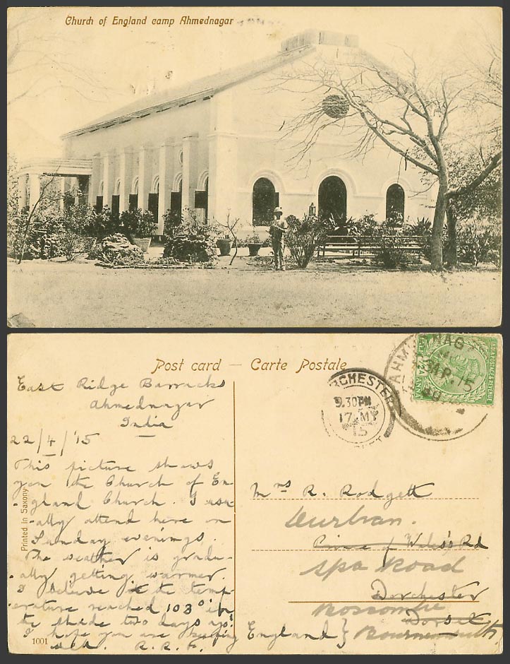 India KG5 1/2a 1915 Old Postcard Church of England Camp Ahmednagar Soldier 1001