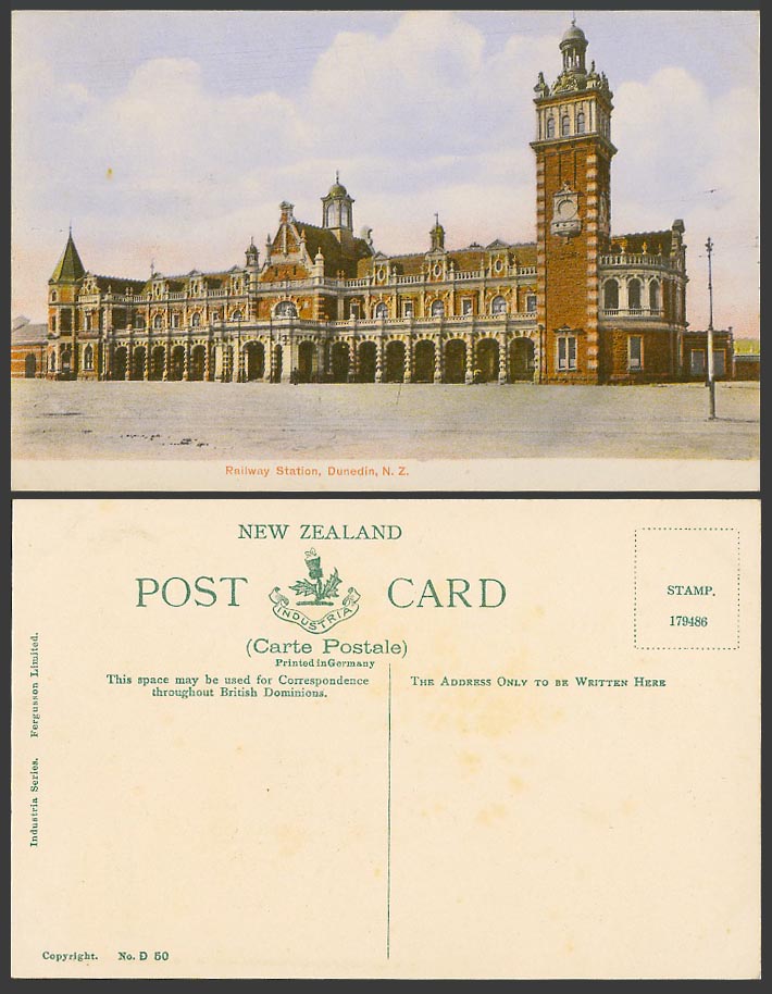New Zealand Old Colour Postcard Dunedin Railway Station Train Station Street D50