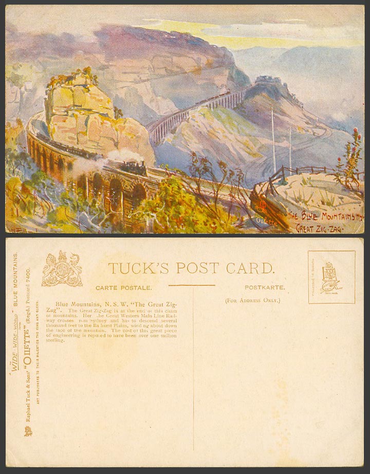 Australia Old Tuck Postcard Great Zig Zag Blue Mountains Locomotive Train Bridge