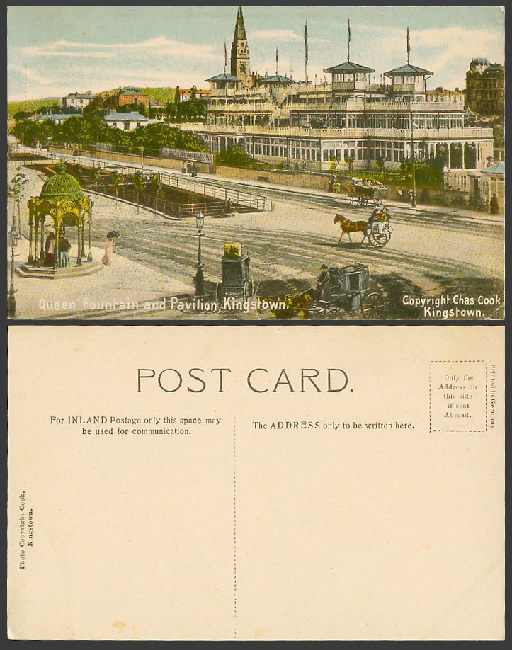 Ireland Old Postcard Queens Fountain Pavilion Street Horse Cart Kingstown Dublin