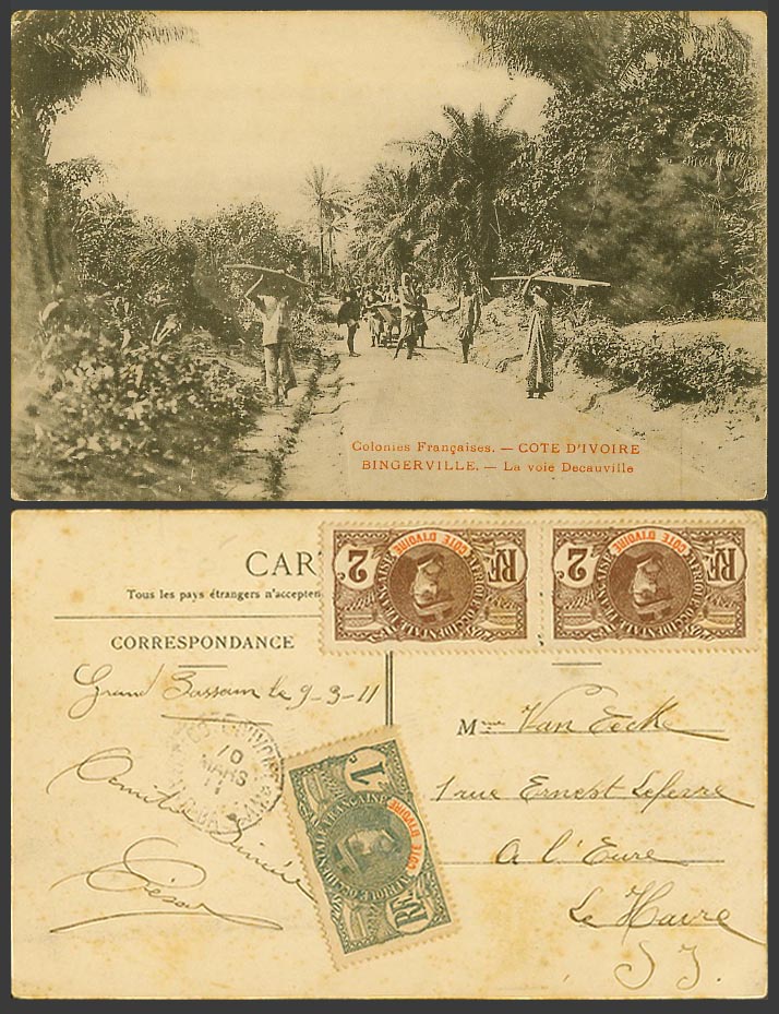 Ivory Coast 1c 2cx2 1907 Old Postcard Bingerville La Voie Decauville Way Natives