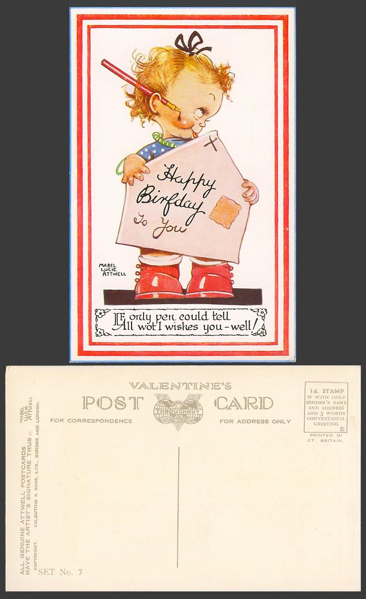 MABEL LUCIE ATTWELL Old Postcard Happy Birthday To Pen Tell All I Wishes Set N.7