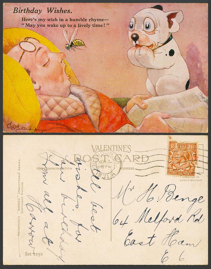 BONZO DOG GE Studdy 1931 Old Postcard Birthday Wishes, Wasp Bee Lively Time 1252