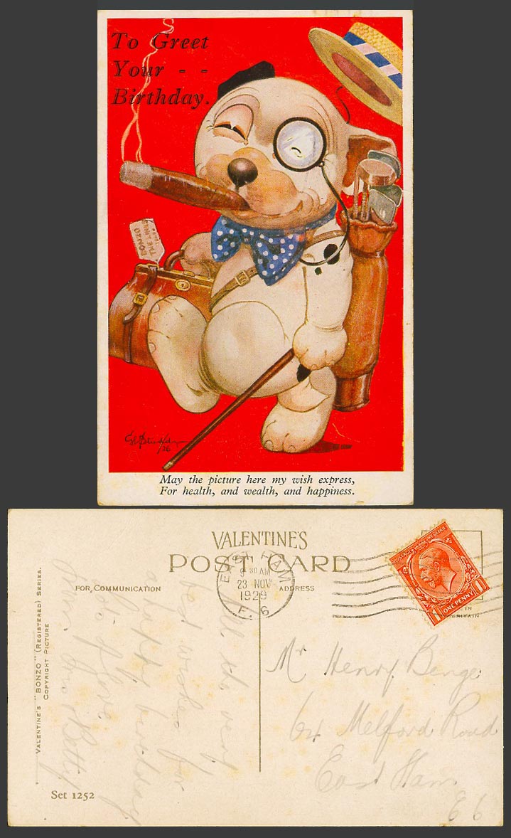 BONZO DOG GE Studdy 1929 Old Postcard Golf Golfer Cigar Greet Your Birthday 1252