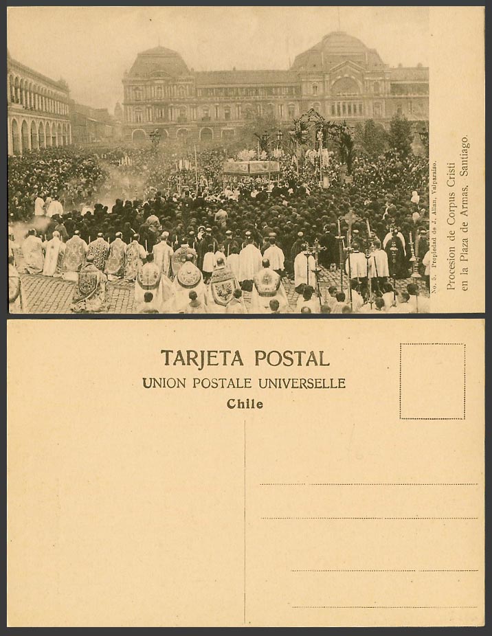 Chile Old Postcard Santiago Plaza de Armas Procesion de Corpus Cristi Procession