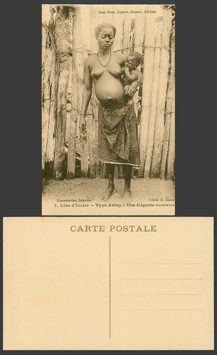 Ivory Coast Old Postcard Type Abbey, An Elegant Nanny Native Woman Carrying Baby