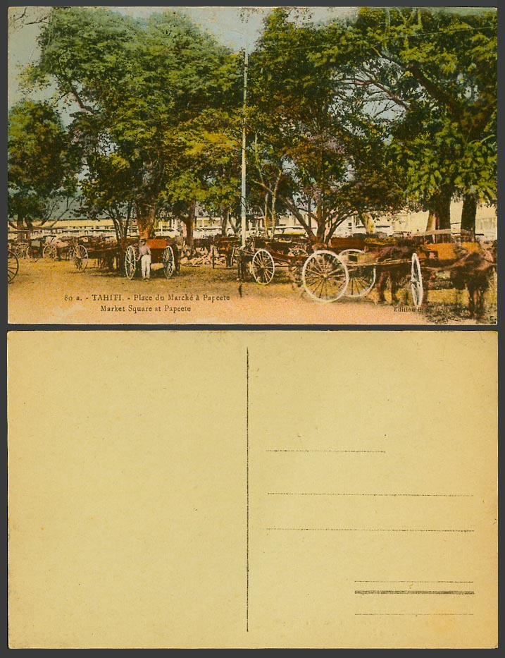 Tahiti Old Colour Postcard Papeete Pape'ete Market Square Place du Marche, Carts