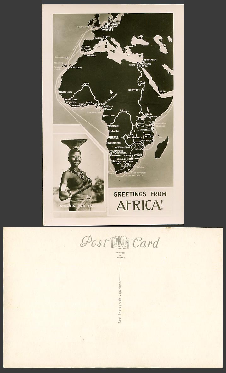 Greetings from Africa MAP Old R.P. Postcard Native African Woman Smiling For You