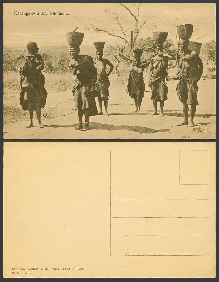 Rhodesia Old Postcard Karangakvinnor Women Carry Baskets Svenska kyrkans mission