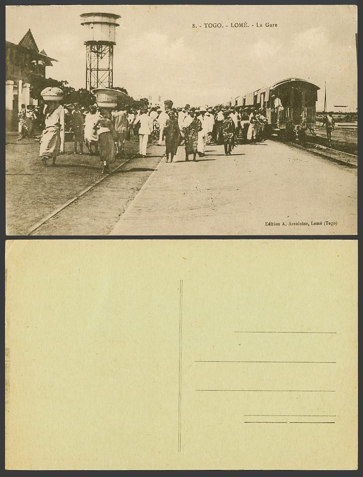 TOGO Old Postcard Lomé Lome, La Gare Railway Station Natives & Train at Platform