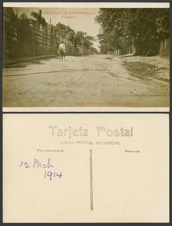 Colombia 1914 Old Postcard Barranquilla Floresta Donkey Rider Street View Forest