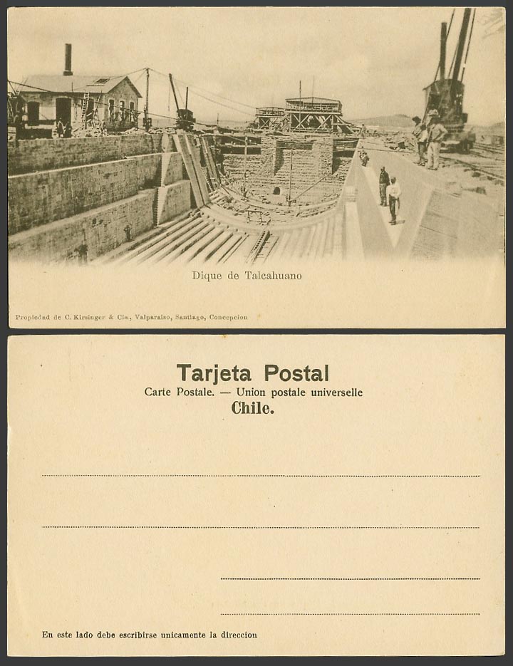 Chile Old UB Postcard Dique de Talcahuano, Workers Building Water Dam, Railroads