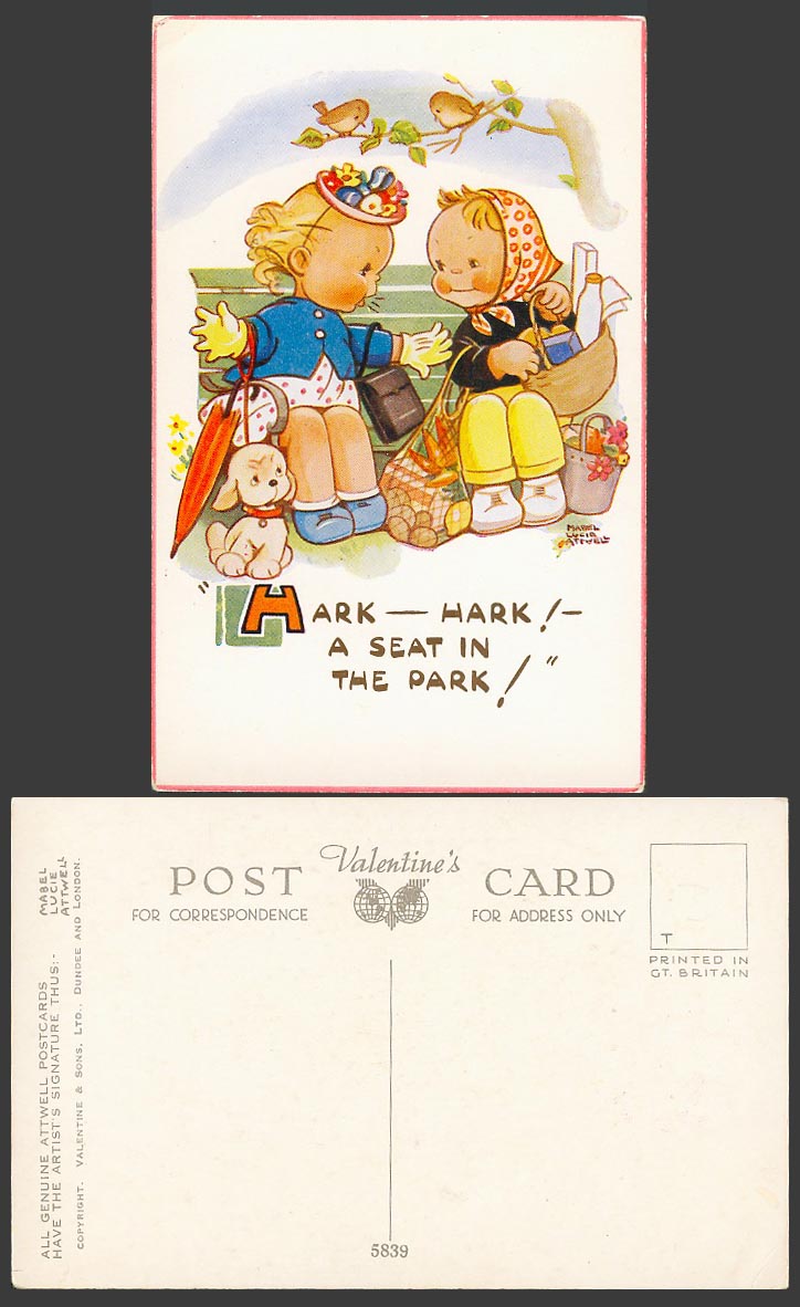 MABEL LUCIE ATTWELL Old Postcard Hark Hark A Seat in The Park Girls Dog No. 5839