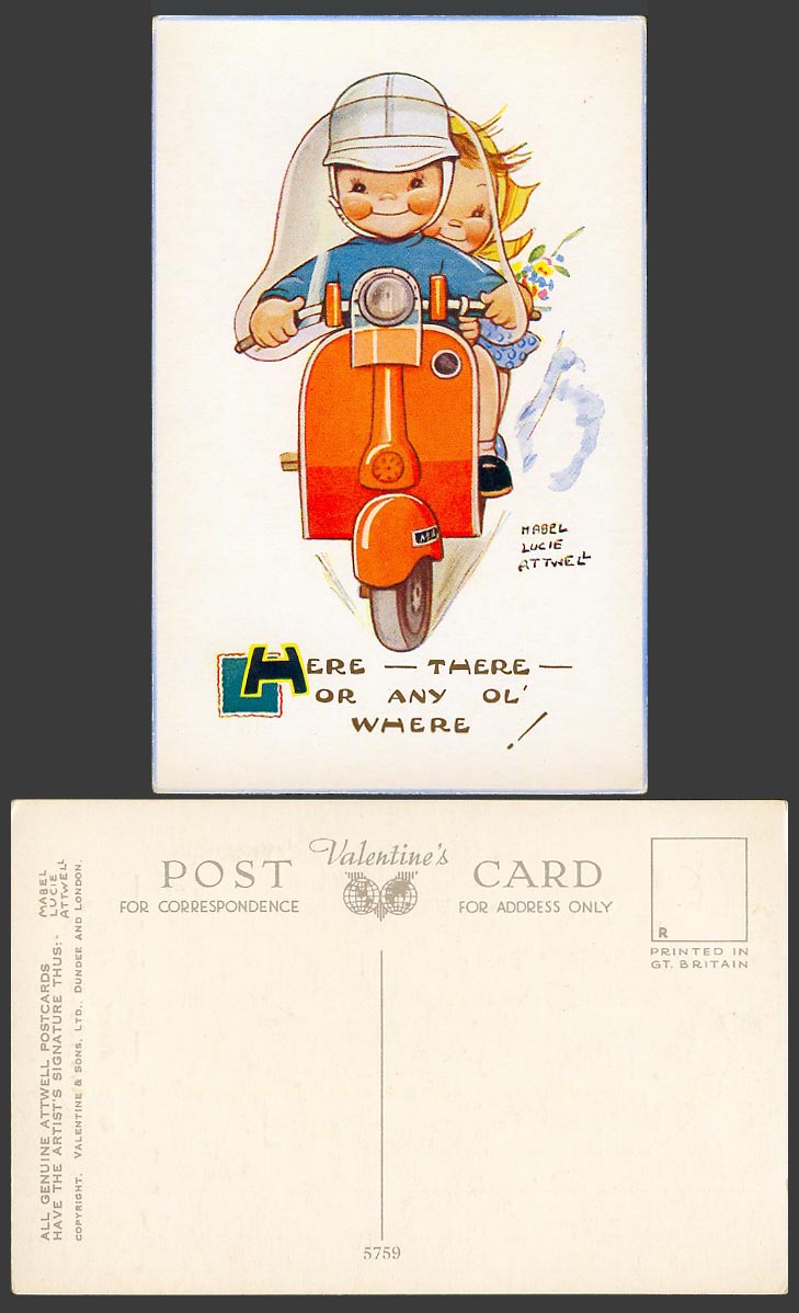 MABEL LUCIE ATTWELL Old Postcard Vespa Scooter Motorcycle Here There or Any 5759