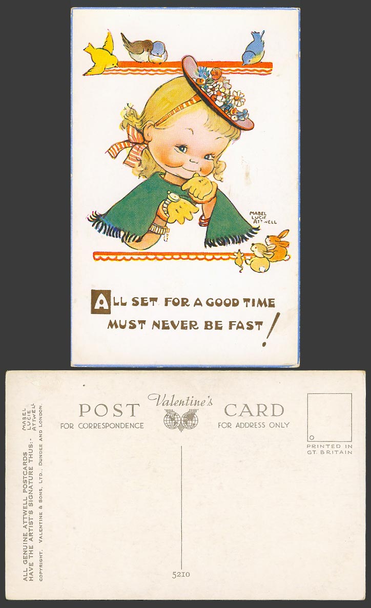 MABEL LUCIE ATTWELL Old Postcard All Set For a Good Time Never be Fast Bird 5210