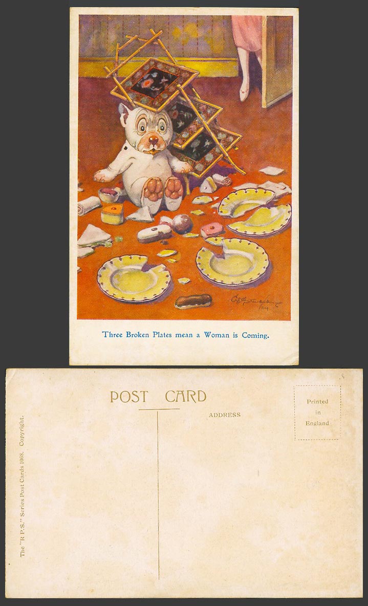 BONZO Dog GE Studdy Old Postcard Three Broken Plates mean a Woman is Coming 1068