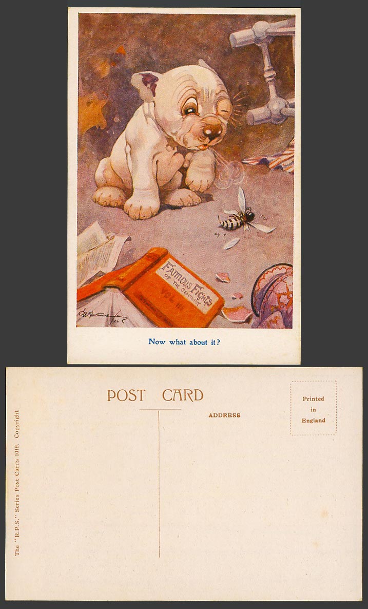 BONZO DOG GE Studdy Old Postcard Bee Wasp, Now What About it? F. Fight Book 1019