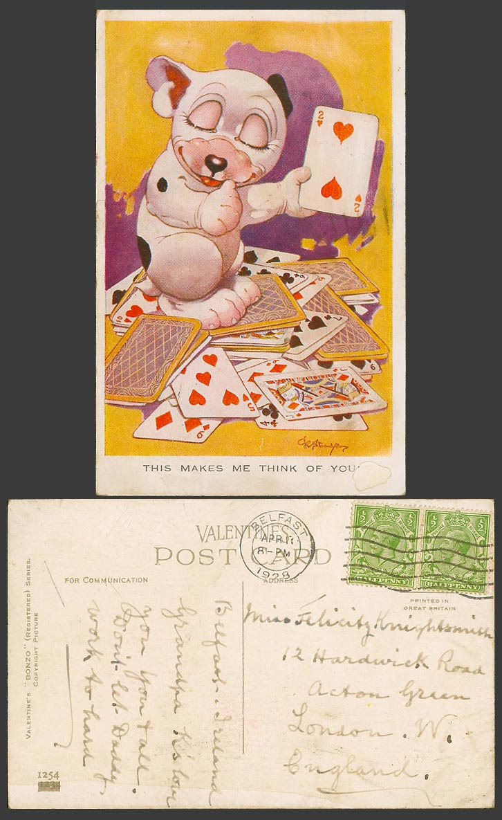 BONZO DOG GE Studdy 1928 Old Postcard Poker Cards This Make Me Think of You 1254