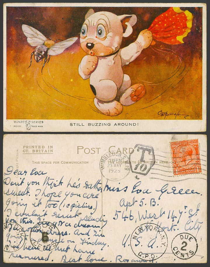 BONZO DOG GE Studdy Postage Dues T 1925 Old Postcard Wasp BEE Buzzing Around 932