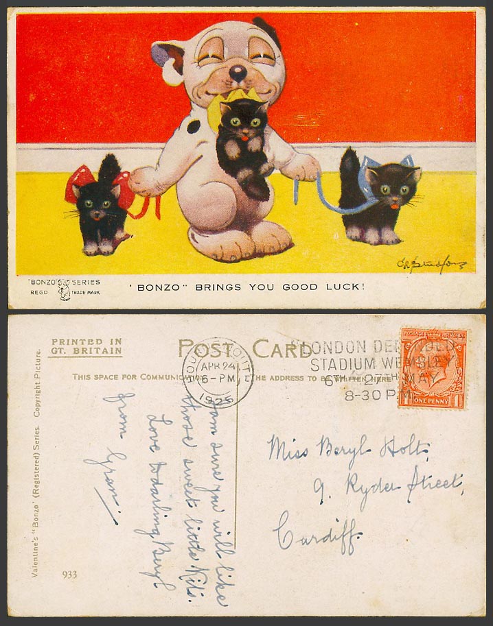 BONZO DOG GE Studdy 1925 Old Postcard Brings You Good Luck Black Cats Kitten 933