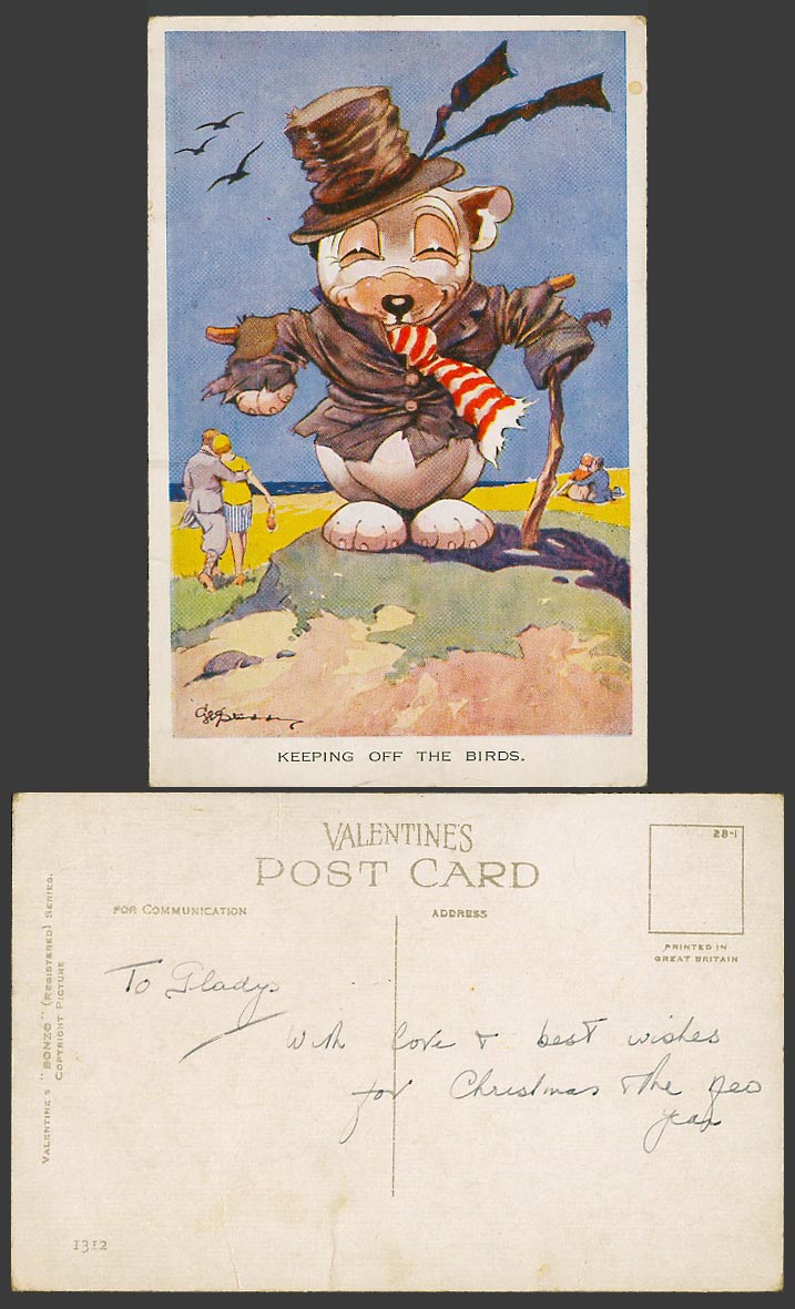 BONZO DOG G.E. Studdy Old Postcard Puppy as Scarecrow Keeping Off The Birds 1312