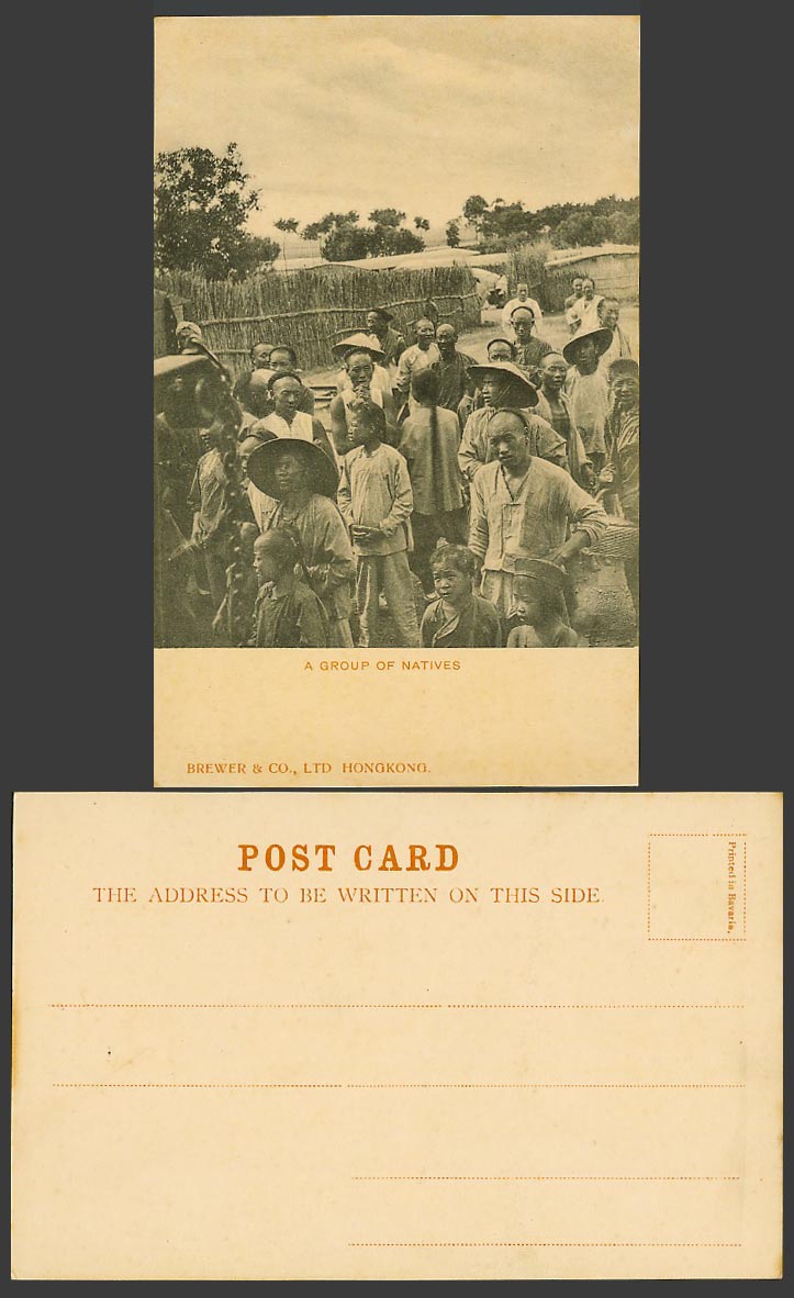 Hong Kong China Old Postcard Group of Natives Chinese Men Children, Qing Dynasty