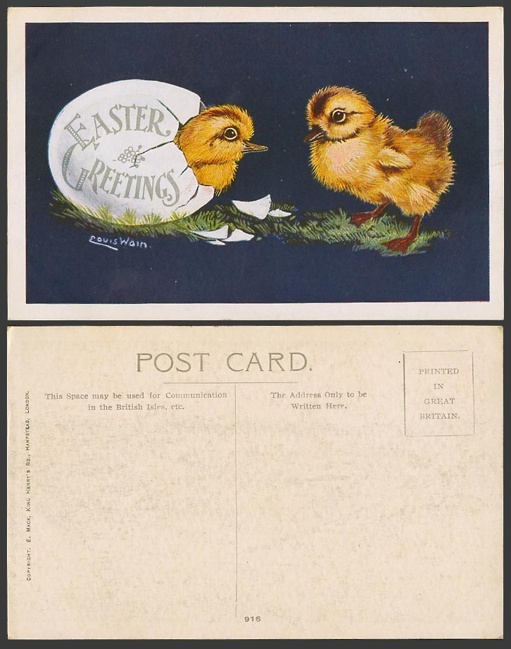 Louis Wain Artist Signed 2 Chicks Birds Broken Egg Easter Greetings Old Postcard