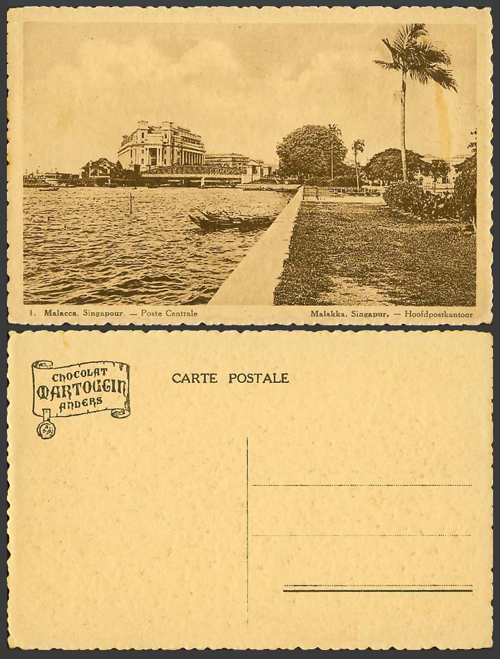 Malacca Singapore Old Postcard Post Office Bridge Chocolat Martougin Anvers Ads.