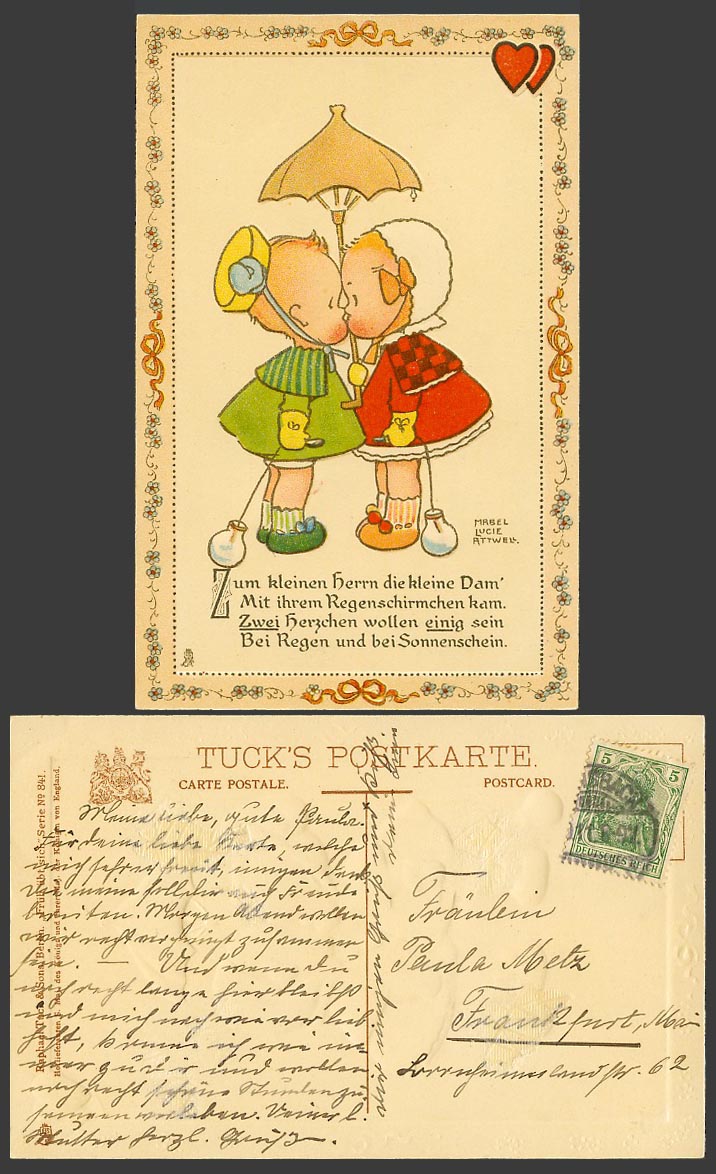 MABEL LUCIE ATTWELL Old Tuck's Postcard Boy and Girl Kissing, German Caption 841